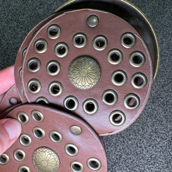 Round Studded Brown Leather Belt with Antique Brass Medallions - Picture 8 of 8